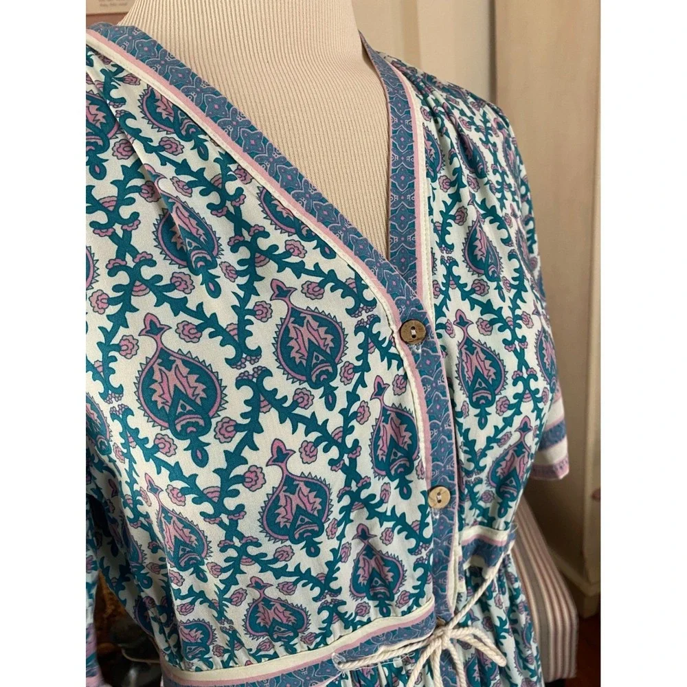 FP TO LOVE Boho Blue Pink Paisley‎ Button Front Tiered Midi Dress SZ M